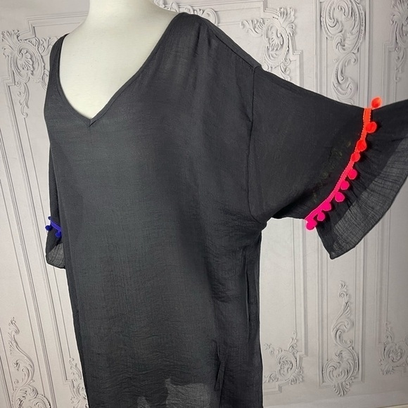 Festive Pom Pom  Loose Fit Short Ruffle Sleeves V-Neck Dress Swimsuit Coverup - Picture 5 of 5